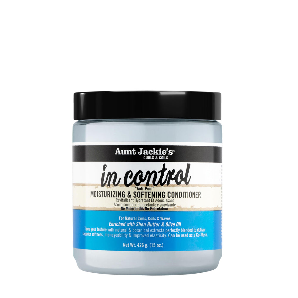 Aunt Jackie's In Control, botella anti-poof para controlar frizz y rizos definidos.