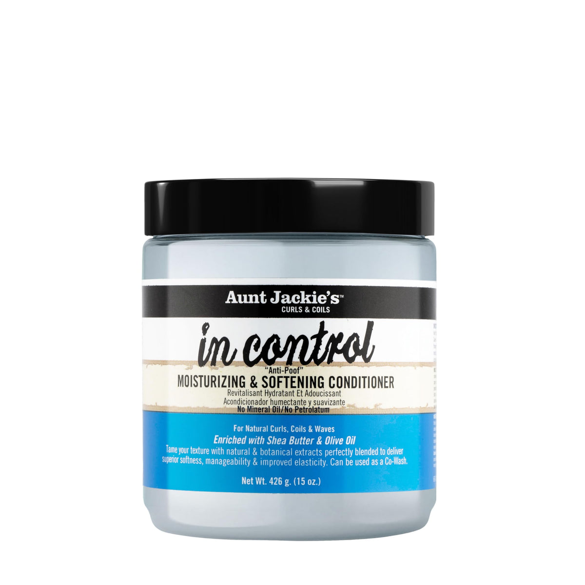 Aunt Jackie's In Control, botella anti-poof para controlar frizz y rizos definidos.