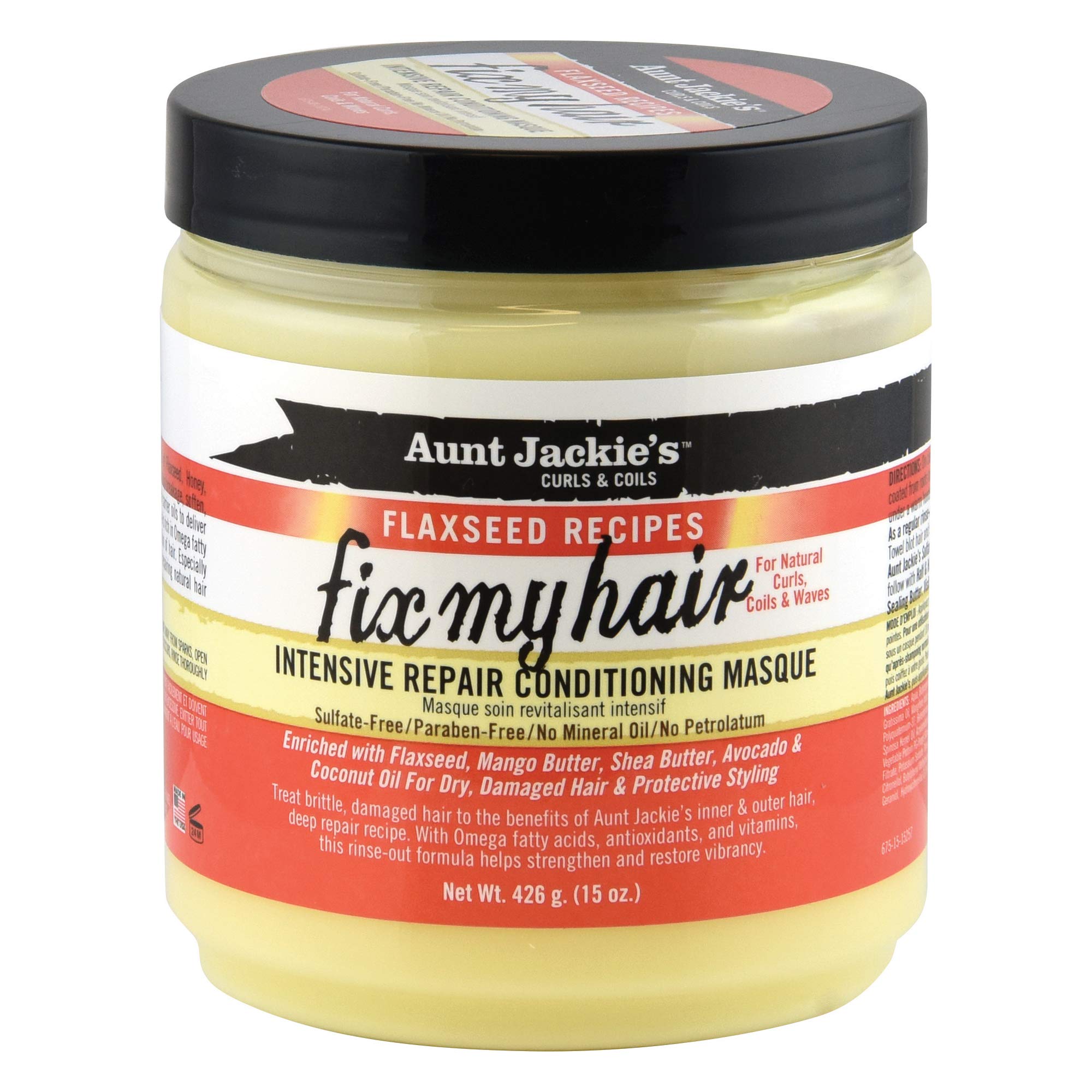 Aunt Jackie's Recetas de Linaza, frasco frontal, muestra el empaque y la textura rica para el cabello.