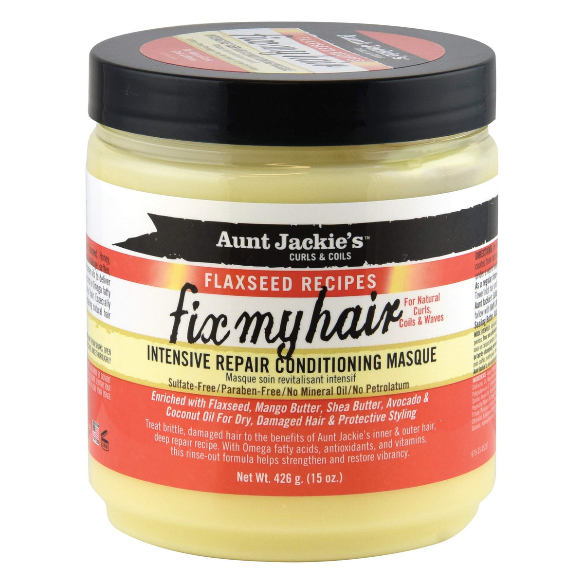 Aunt Jackie's Recetas de Linaza, frasco frontal, muestra el empaque y la textura rica para el cabello.