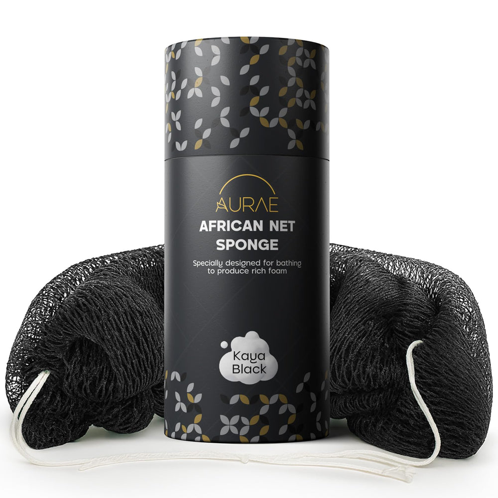 Esponja de red africana AURAE Kaya Black, exfoliante suave para uso diario.