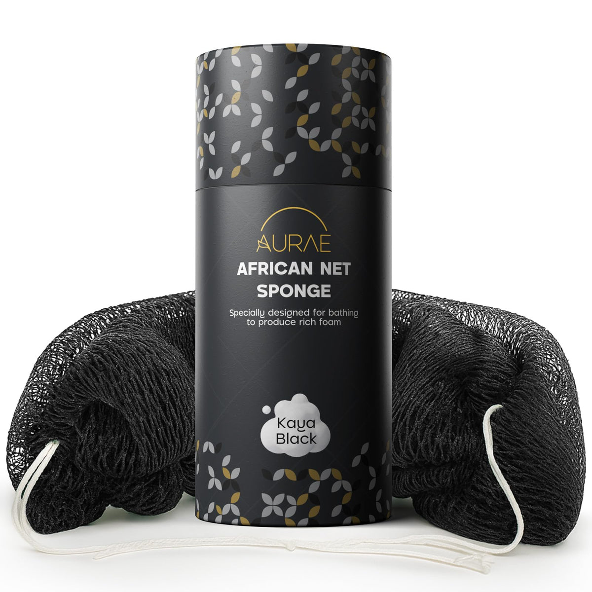Esponja de red africana AURAE Kaya Black, exfoliante suave para uso diario.