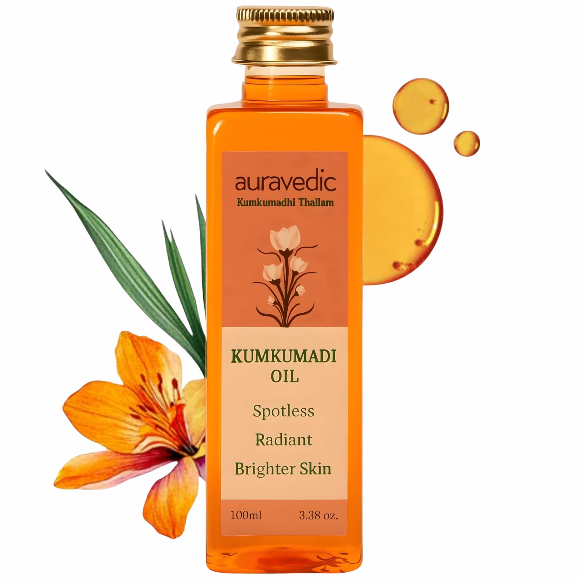 Auravedic Kumkumadi Oil frasco elegante para hidratación suave y brillo natural.