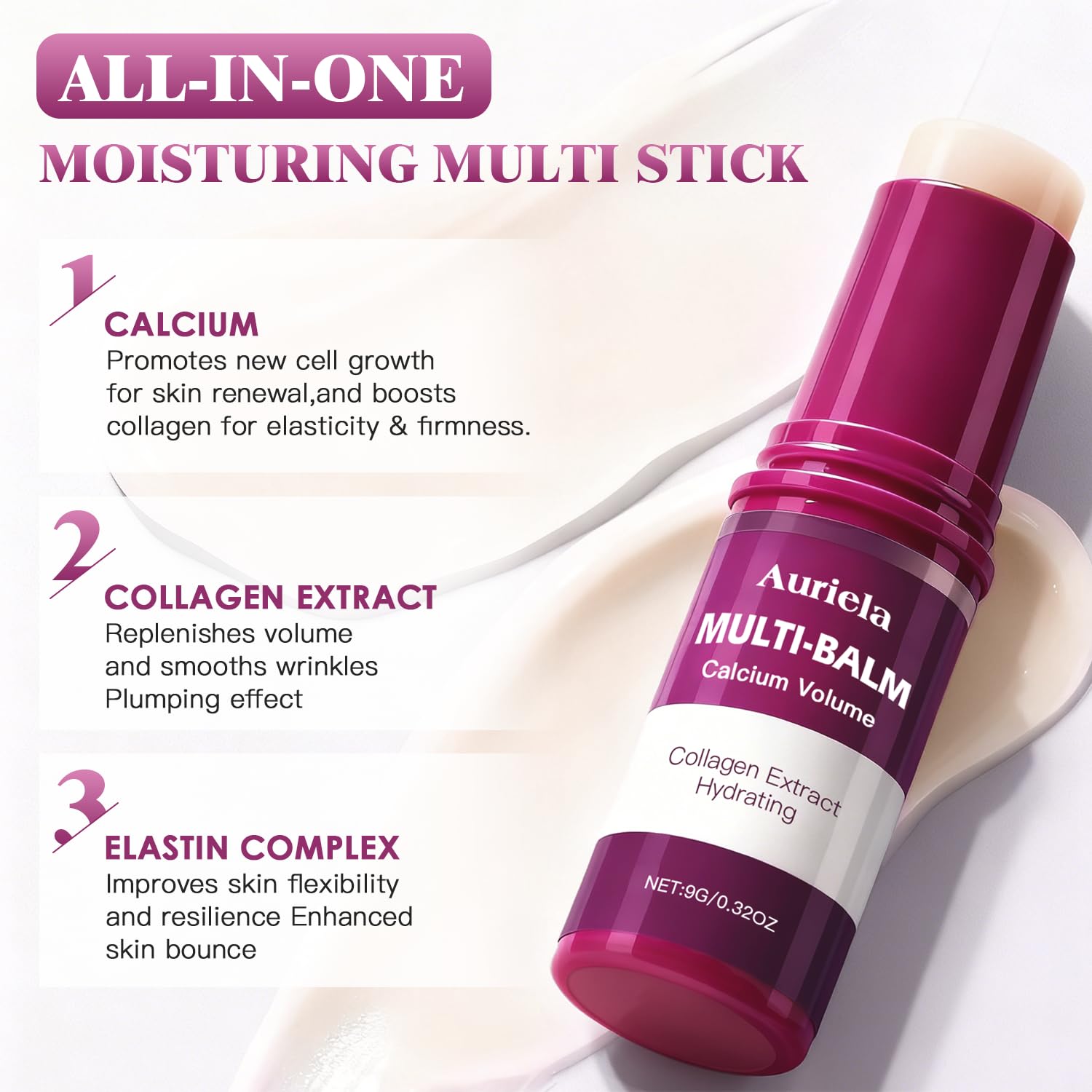 Auriela balsamo multi calcio volumen barra: textura ligera ideal como prebase de maquillaje.