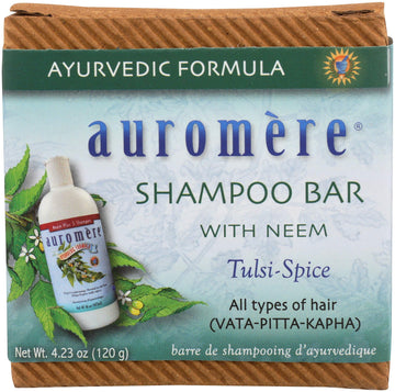 Barra Auromere shampoo, envase cero residuos, ideal para viajes.