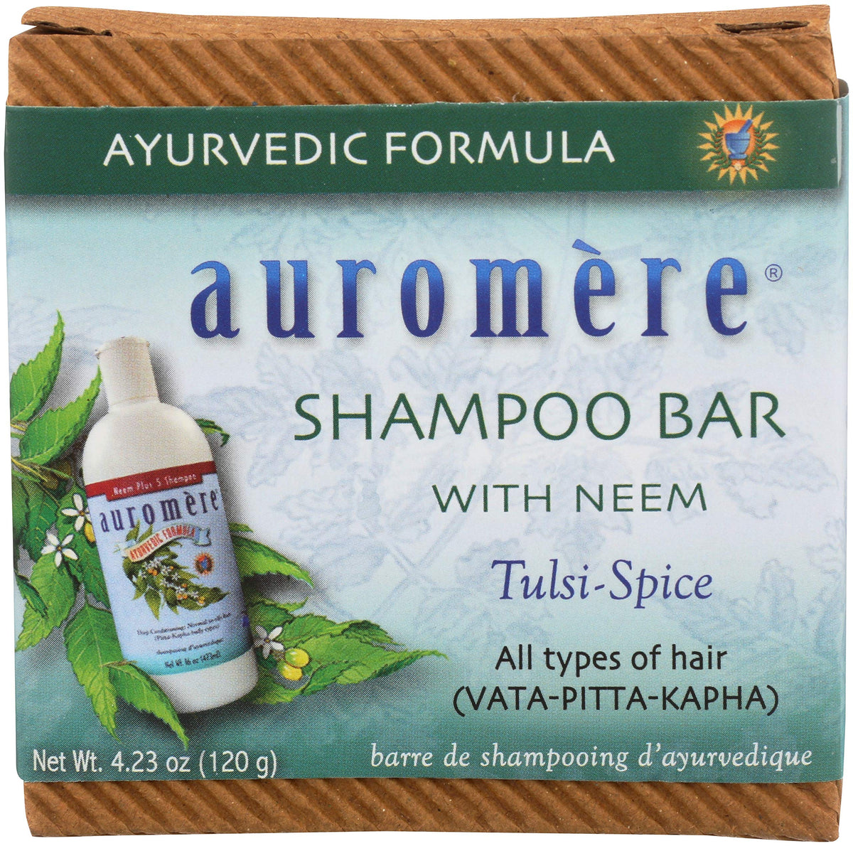 Barra Auromere shampoo, envase cero residuos, ideal para viajes.