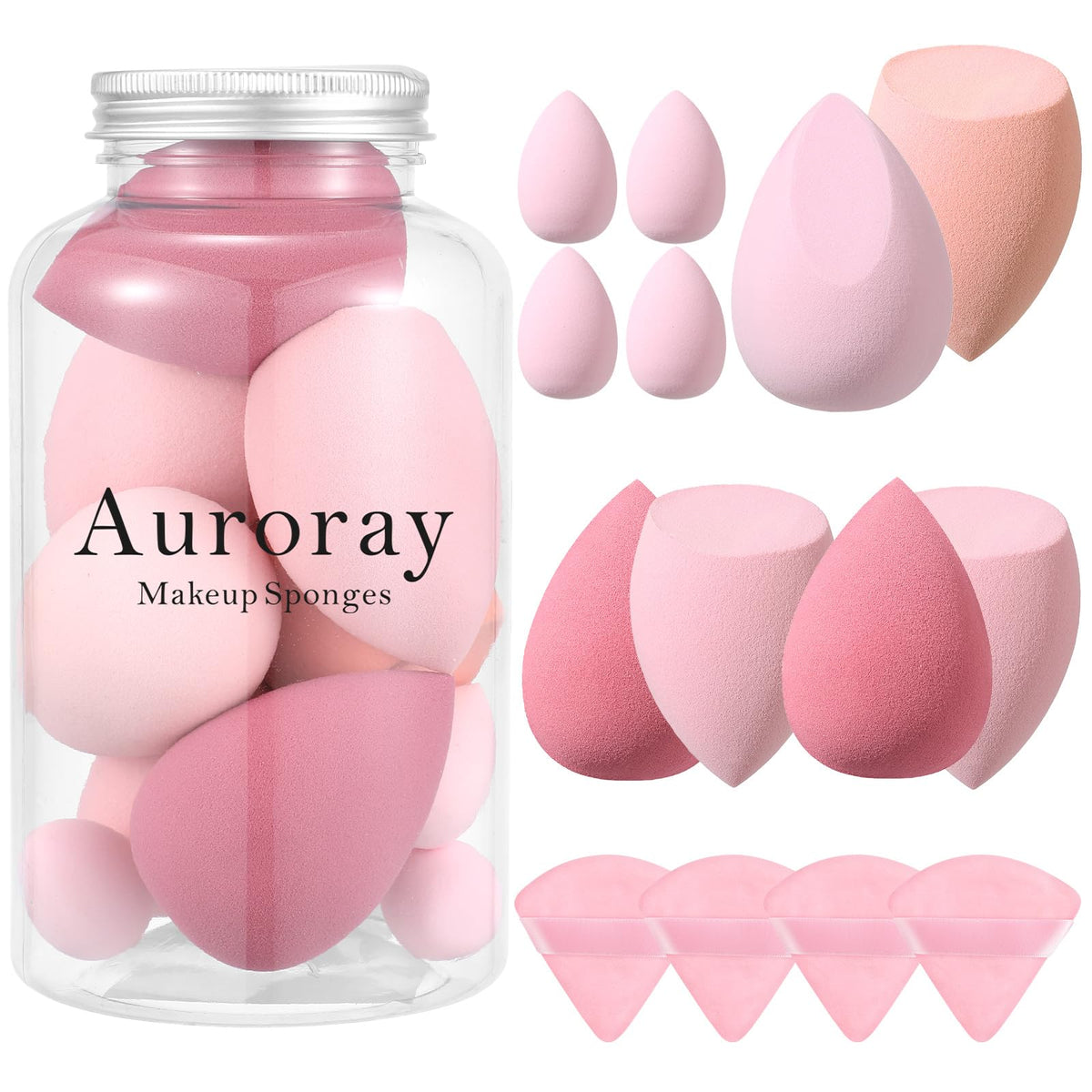 Esponjas auroray para maquillaje, grandes y en varias formas para un acabado uniforme.