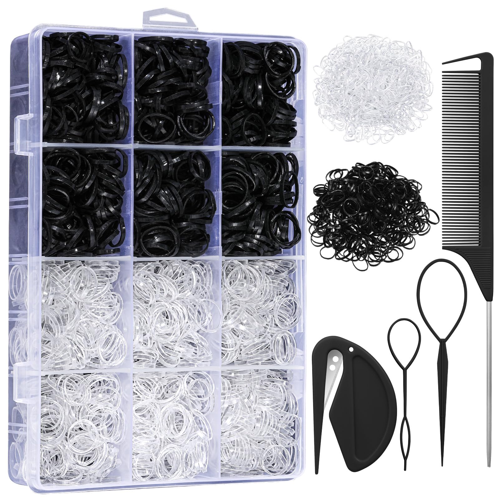 Auroray gomas elasticas en caja organizadora, facilita almacenamiento y selección rápida para peinados.