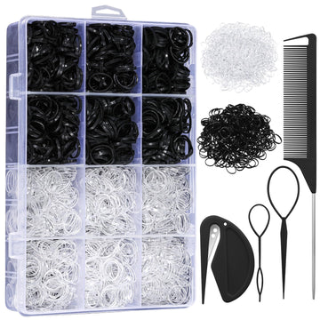 Auroray gomas elasticas en caja organizadora, facilita almacenamiento y selección rápida para peinados.