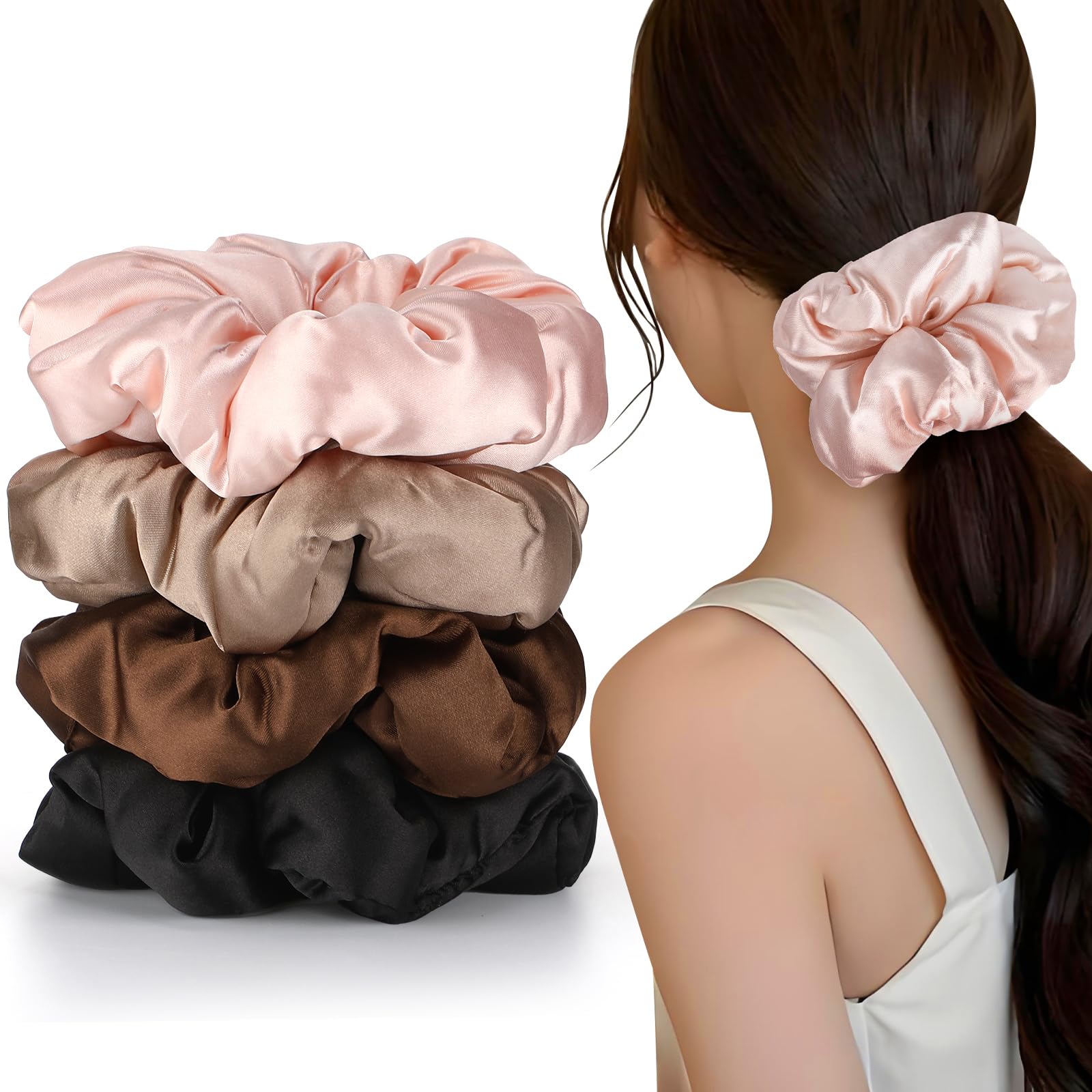 Auroray scrunchies satin-grandes para cabello grueso, sujeción firme sin dañar.
