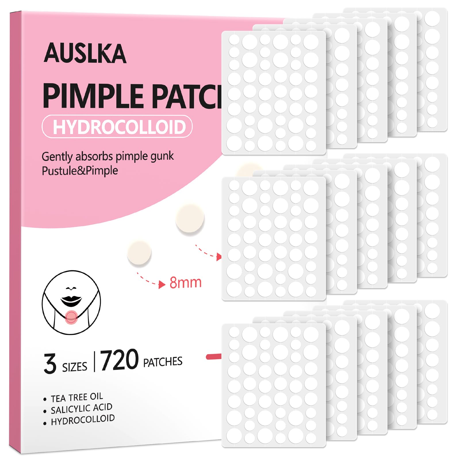 AUSLKA parche hidrocoloide para acné 8mm, absorbe grasa para piel limpia