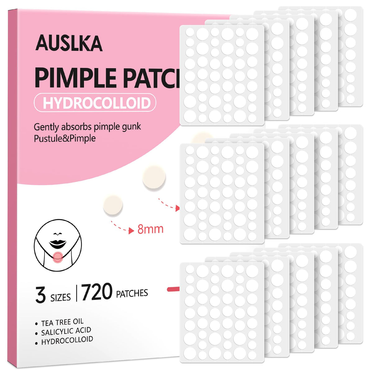 AUSLKA parche hidrocoloide para acné 8mm, absorbe grasa para piel limpia