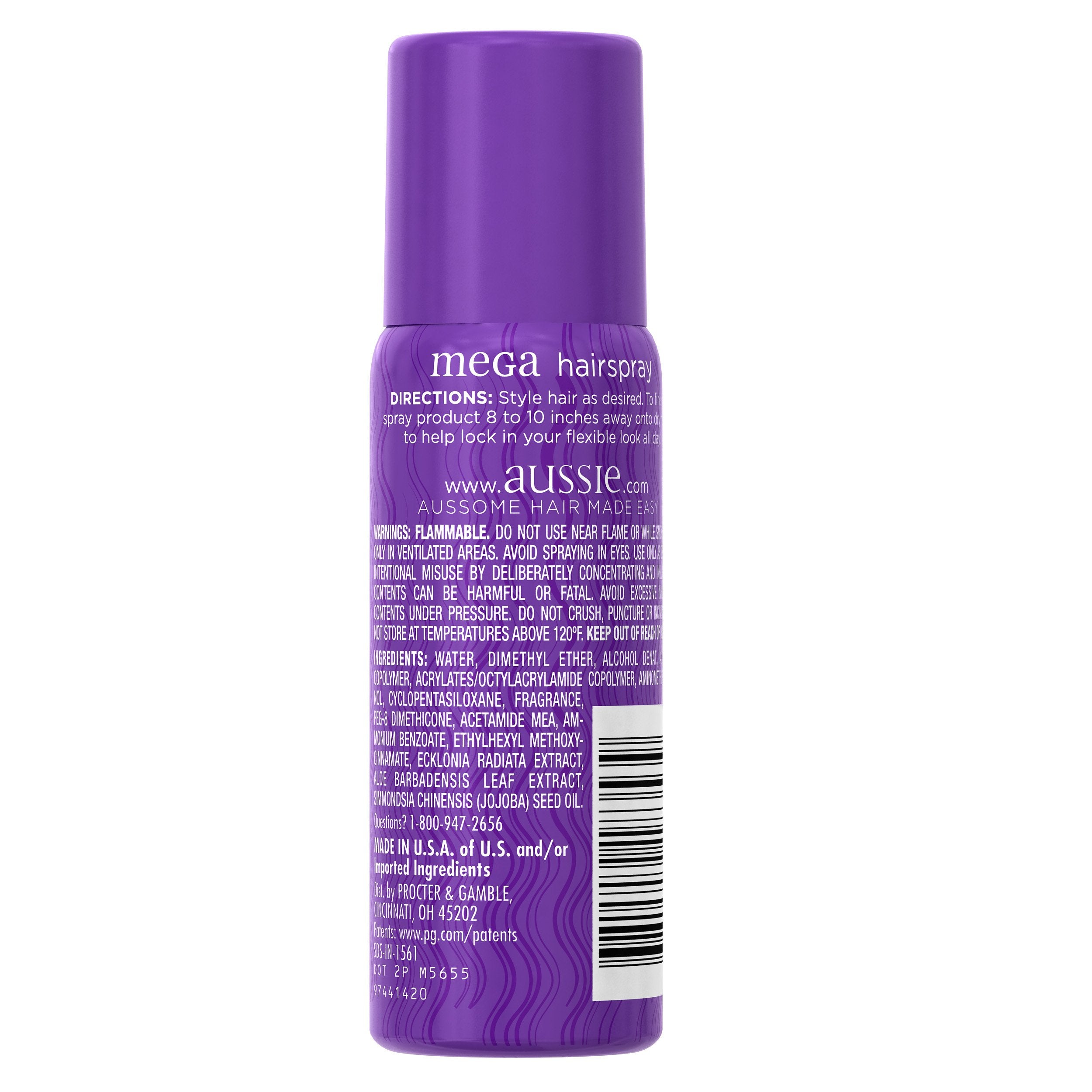 Aussie Mega Hairspray con fijación de 24 h para peinados duraderos.