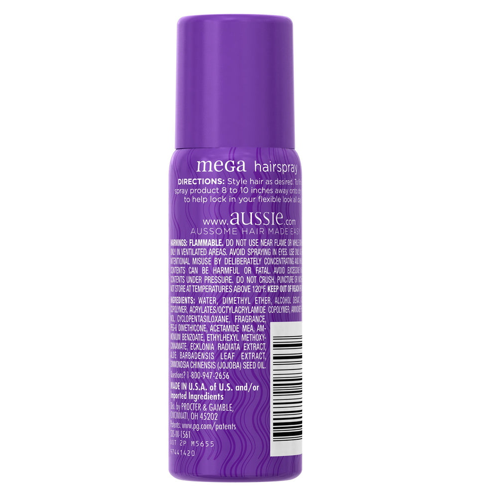 Aussie Mega Hairspray con fijación de 24 h para peinados duraderos.
