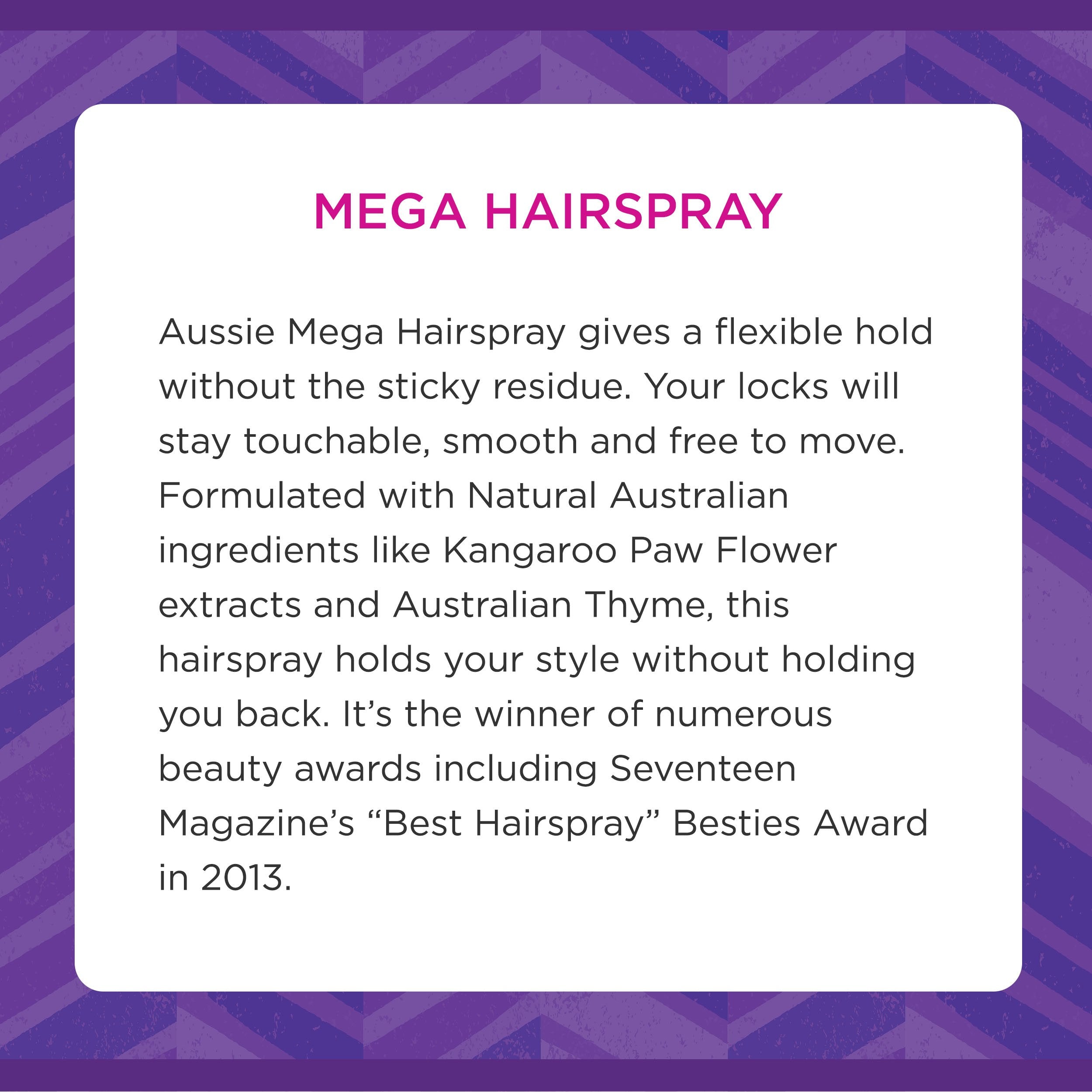 Aussie Mega Hairspray presentación de 44 ml para uso diario.