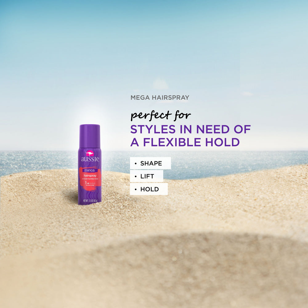 Aussie Mega Hairspray para un estilo rápido en cualquier ocasión.