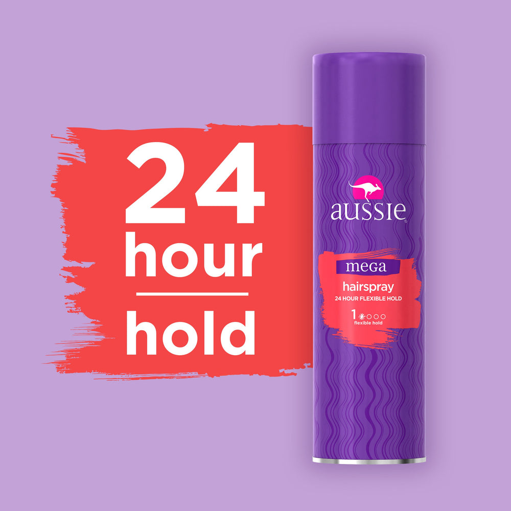 Aussie Mega Hairspray textura flexible para peinados con movimiento.