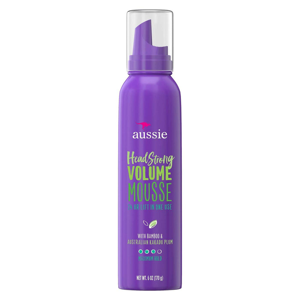 Aussie Mousse Head Strong: botella de mousse con volumen duradero y fijación.