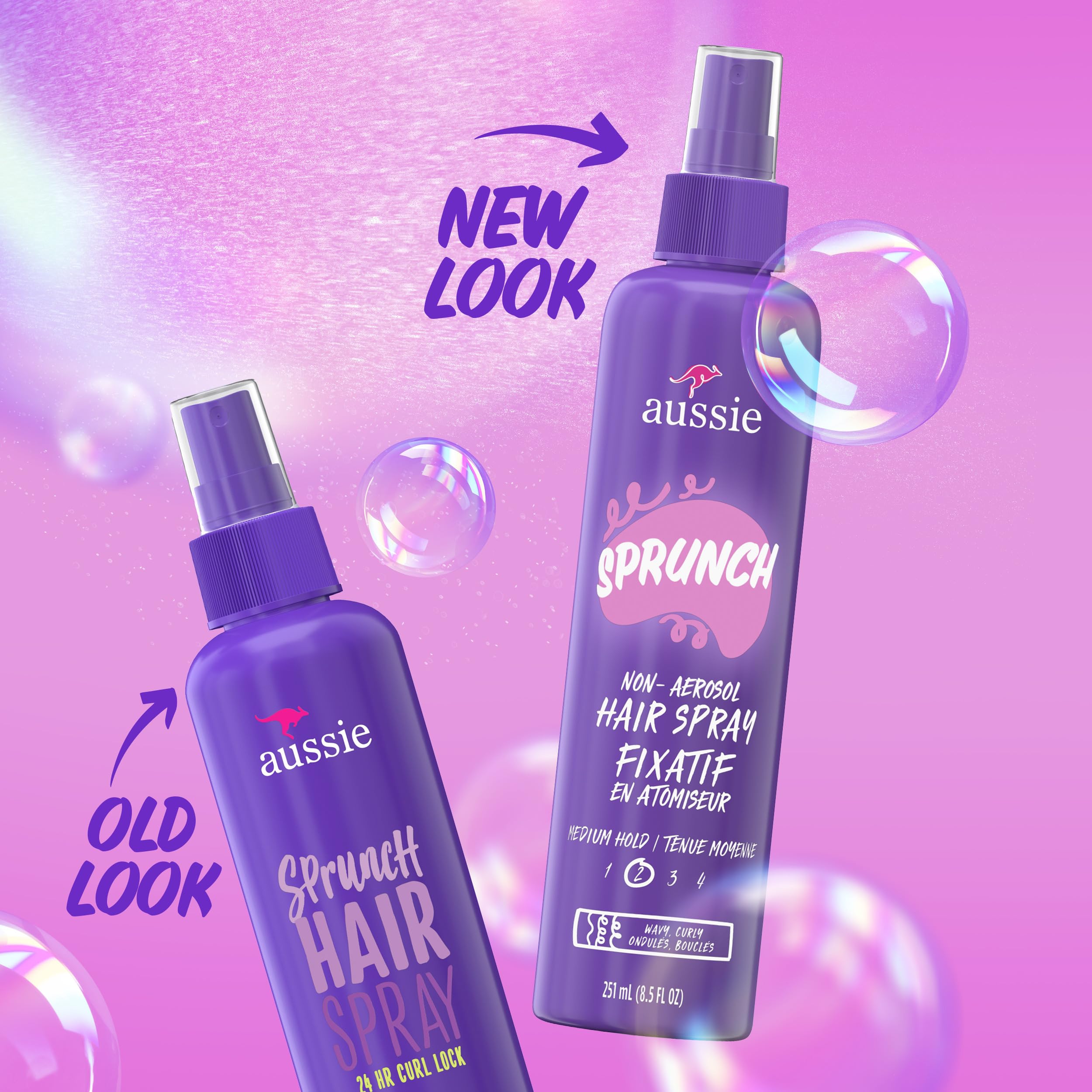 Aussie Sprunch spray-action shows quick, flexible hold for curls.