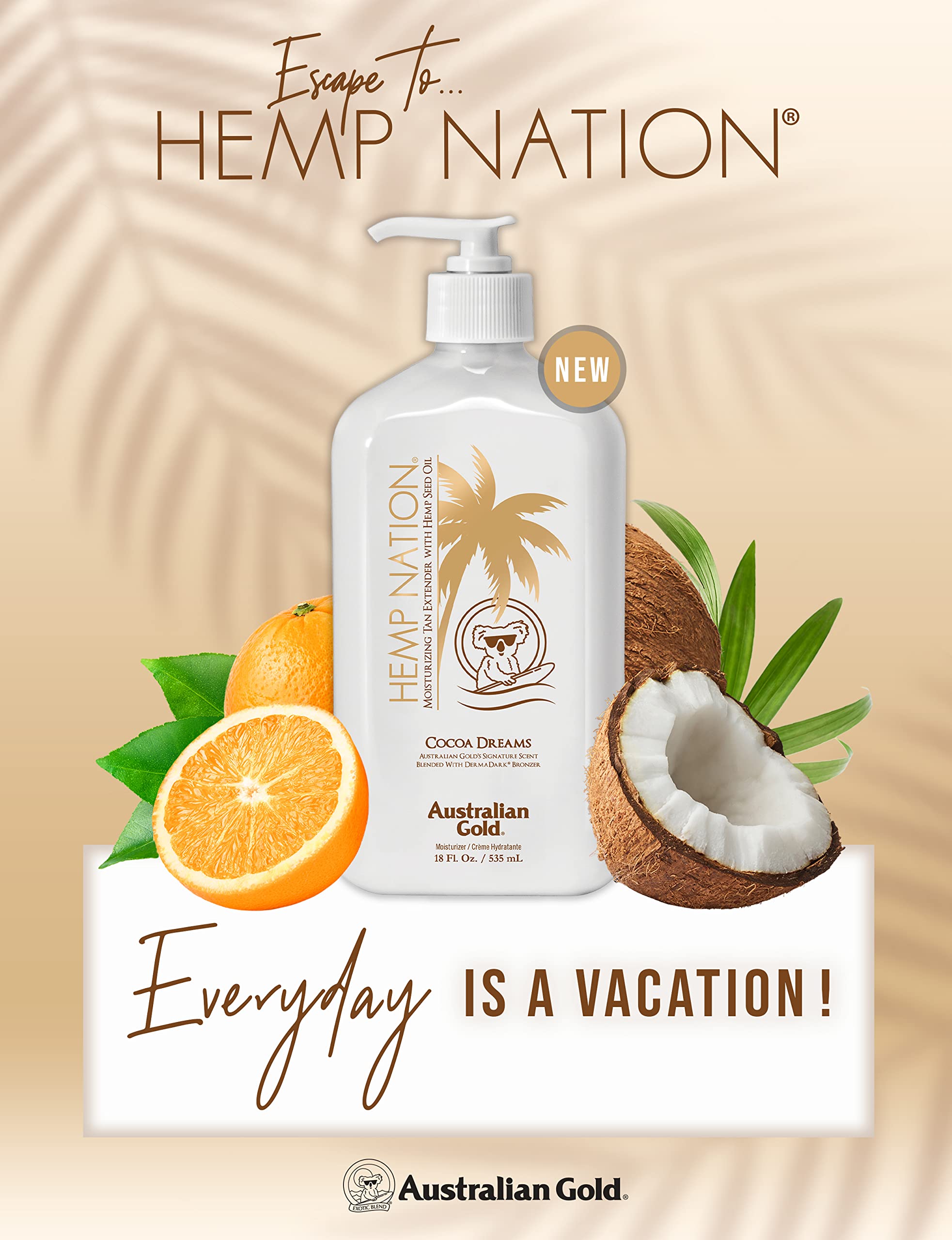 Australian Gold Hemp Nation Cocoa Dreams, effet bronzant Derma Dark pour teint naturel.