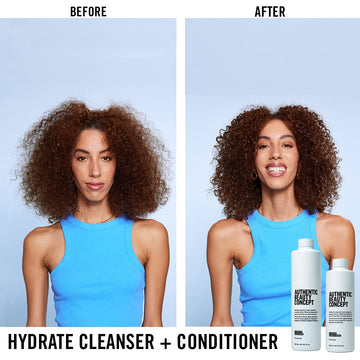 Authentic Beauty Concept Hydrate Cleanser, envase reciclable y limpieza ligera para el cabello.