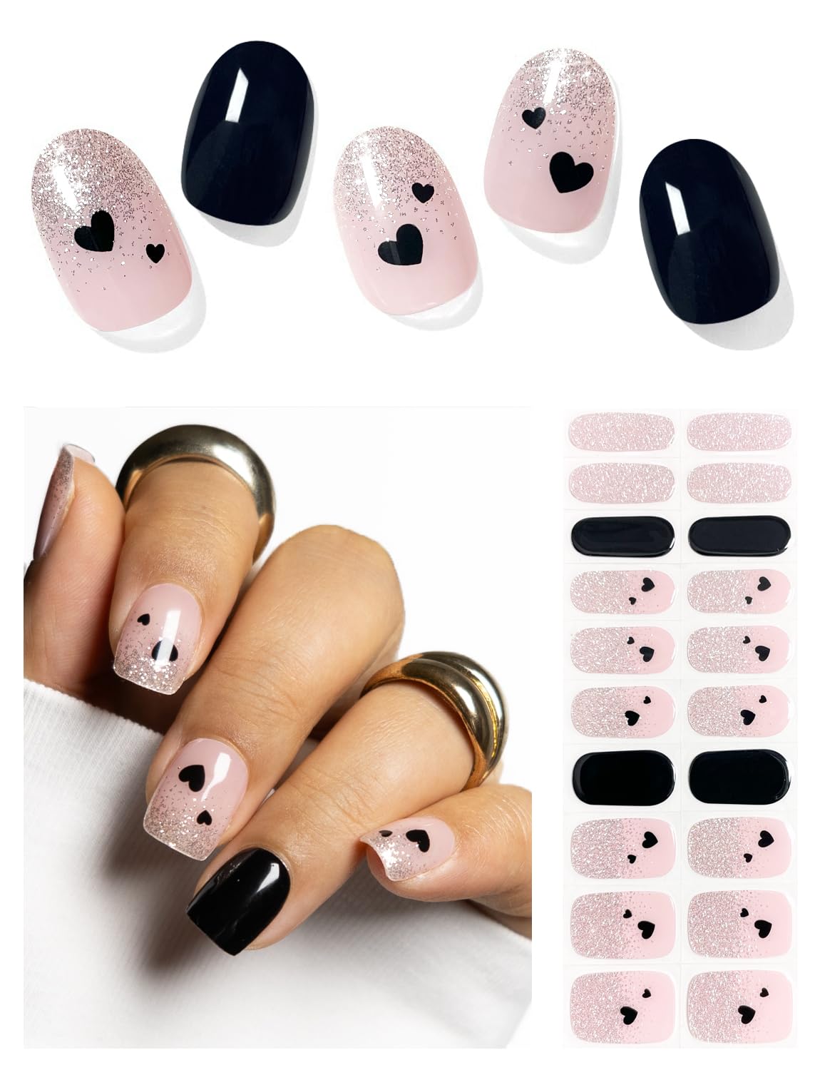 AutyaMee tiras gel semicuradas, corazon negro, acabado duradero para eventos