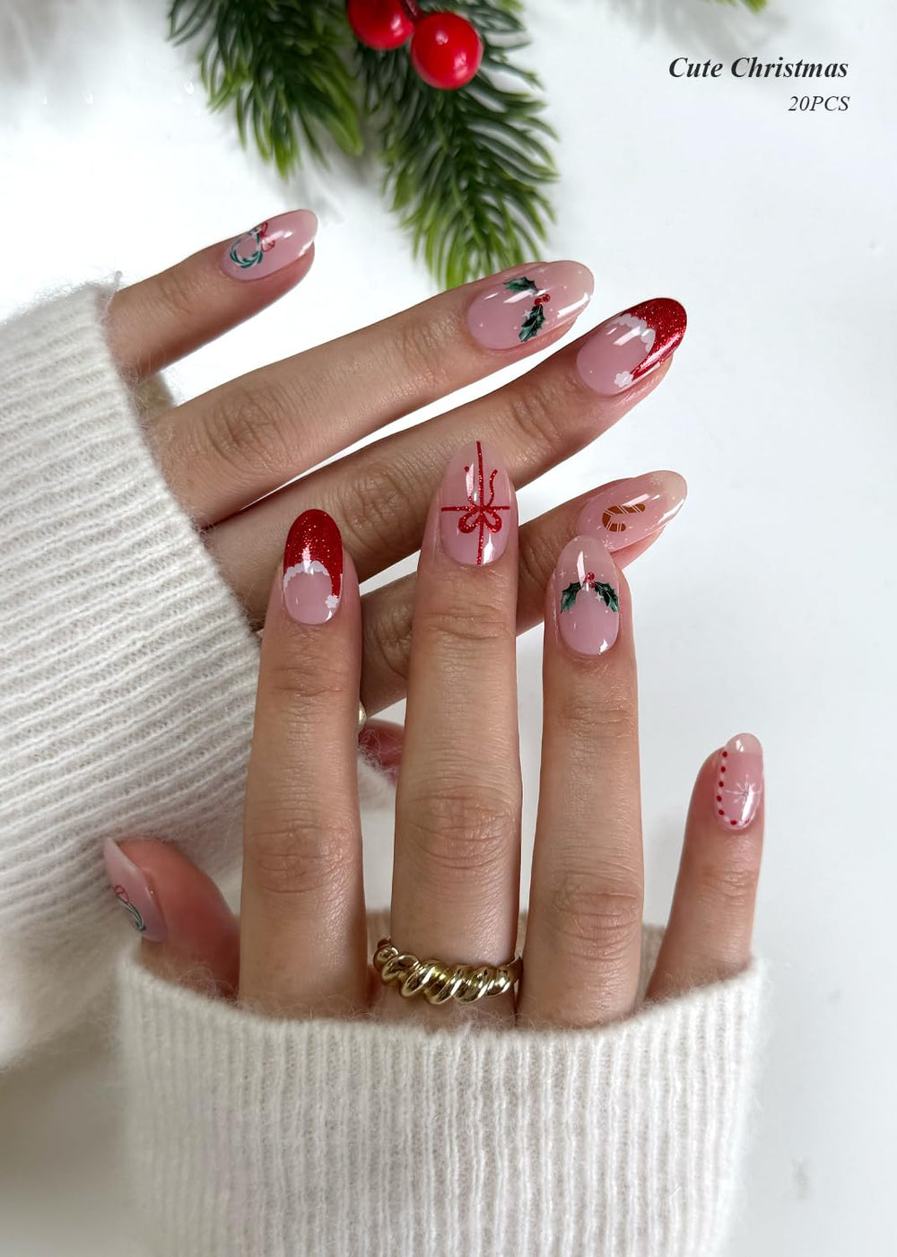 AutyaMee 20 piezas uñas gel, aplicación rápida para estilo navideño.
