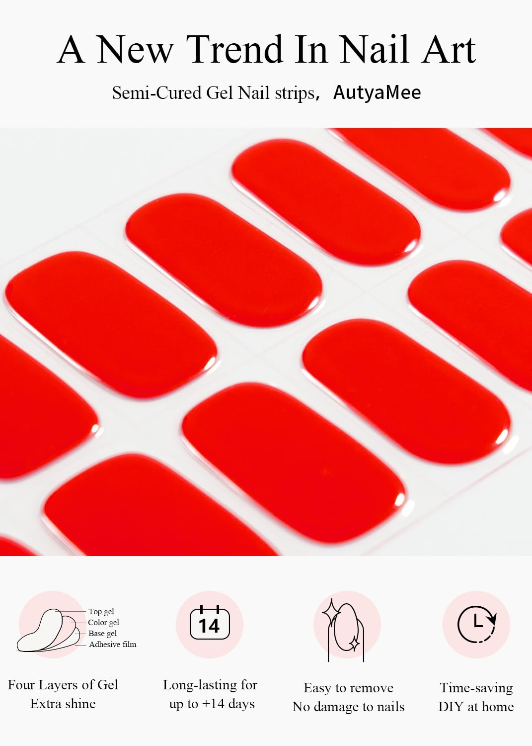 AutyaMee tiras gel rojo brillante para uñas saludables y duraderas.