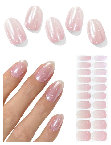 AutyaMee white polka dot gel nail strip for quick salon‑grade nails at home.