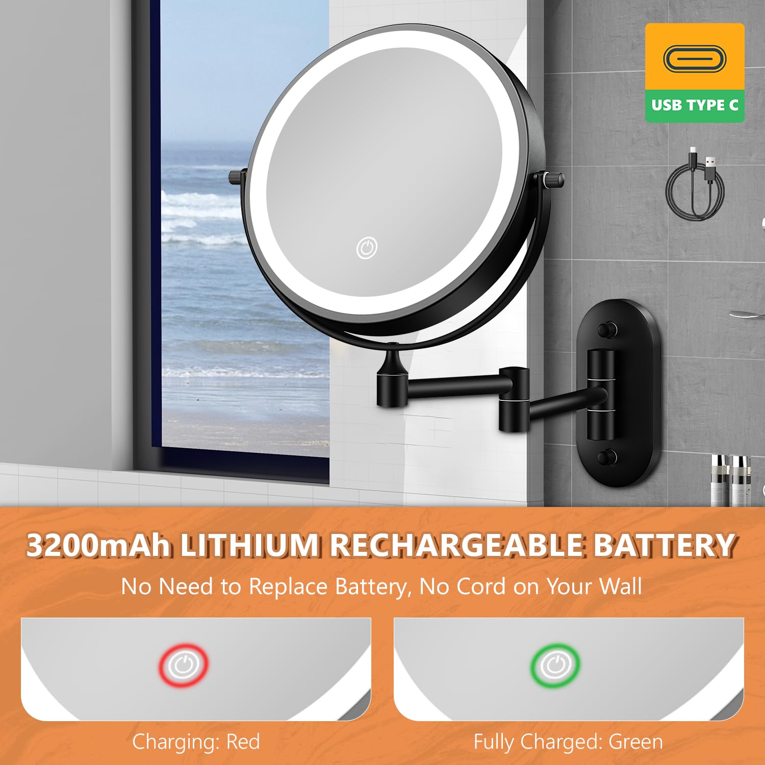 Auxmir Espejo recargable con cable de carga tipo C