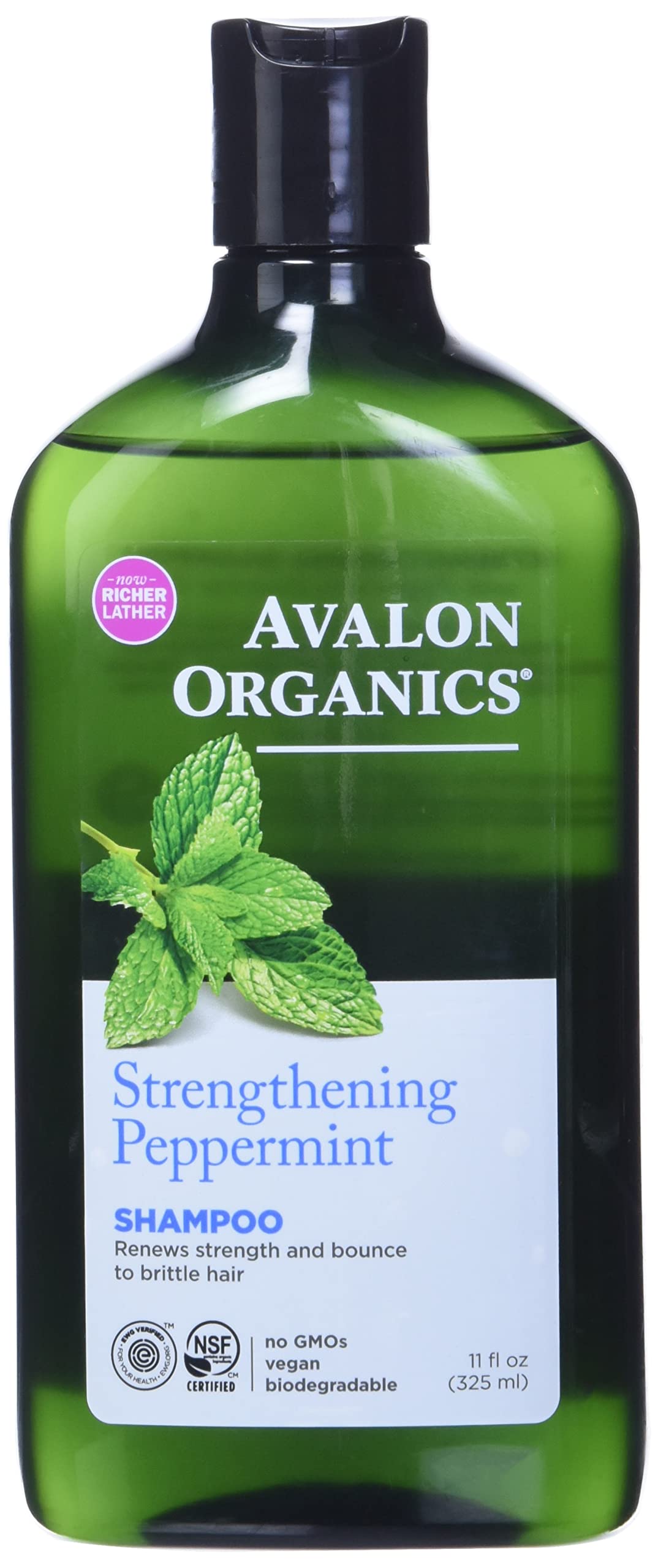 Avalon Organics Champú Fortificante Menta, botella mostrada para cuidado suave del cabello