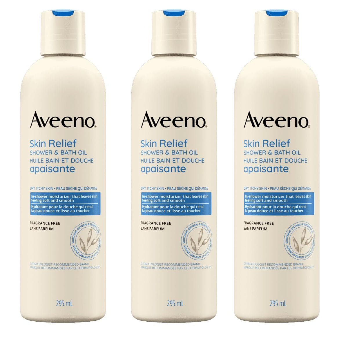 Aveeno aceite de ducha, enfoque en envase, hidratación suave para la piel.