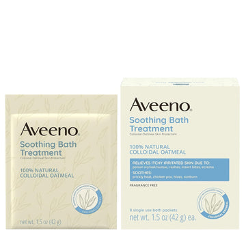 Aveeno baño en tina con agua tibia para piel suave y calmada.