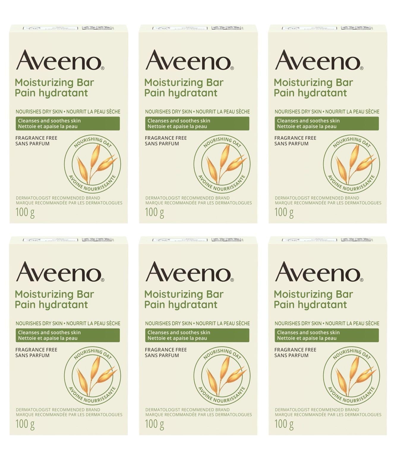 Barra Aveeno limpiadora facial sin fragancia para piel sensible.