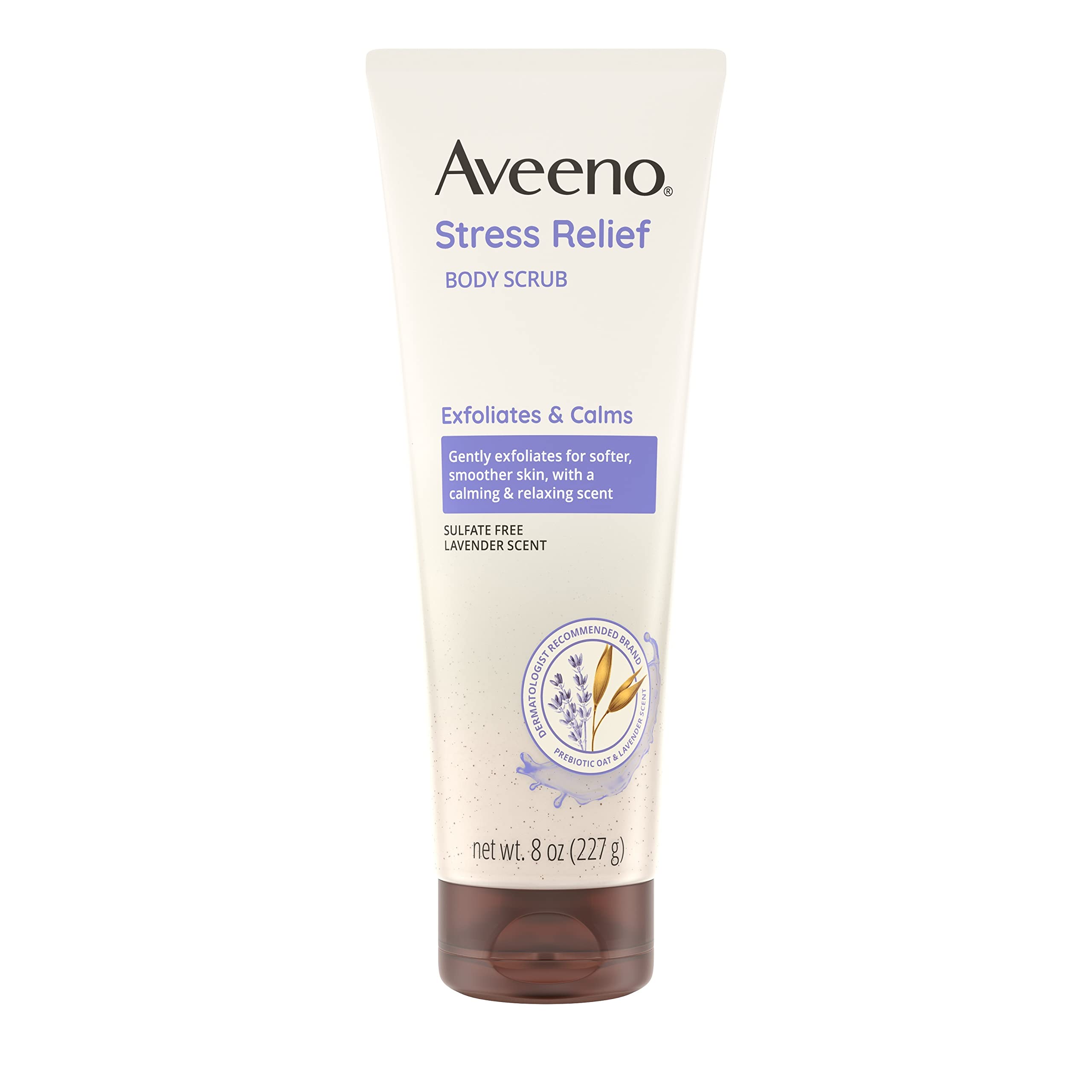 Aveeno Alivio del Estrés exfoliante corporal en botella, sensación calmante durante la ducha.
