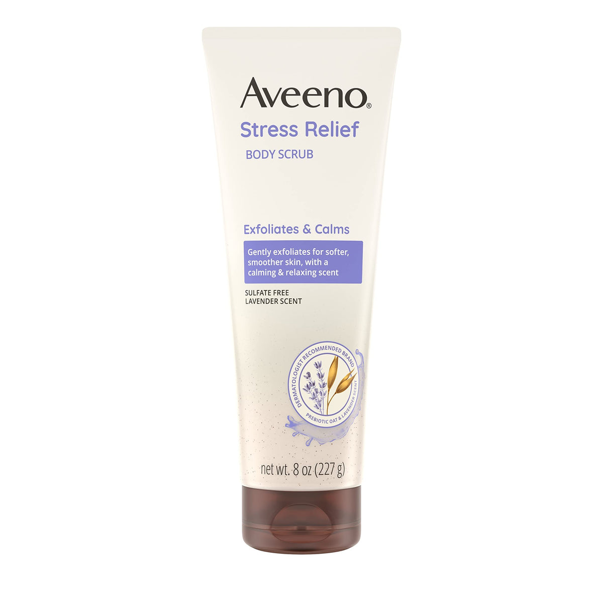 Aveeno Alivio del Estrés exfoliante corporal en botella, sensación calmante durante la ducha.