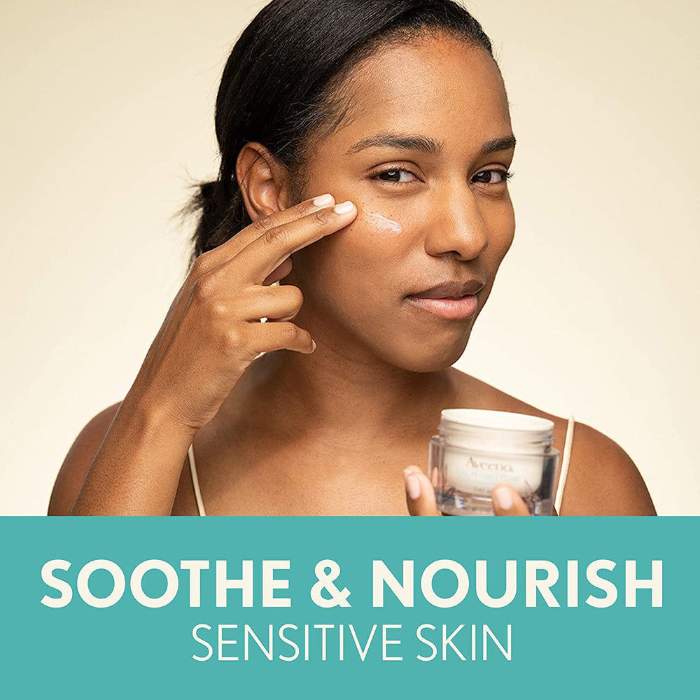 Etiqueta sin fragancia de Aveeno Calm + Restore para piel sensible.