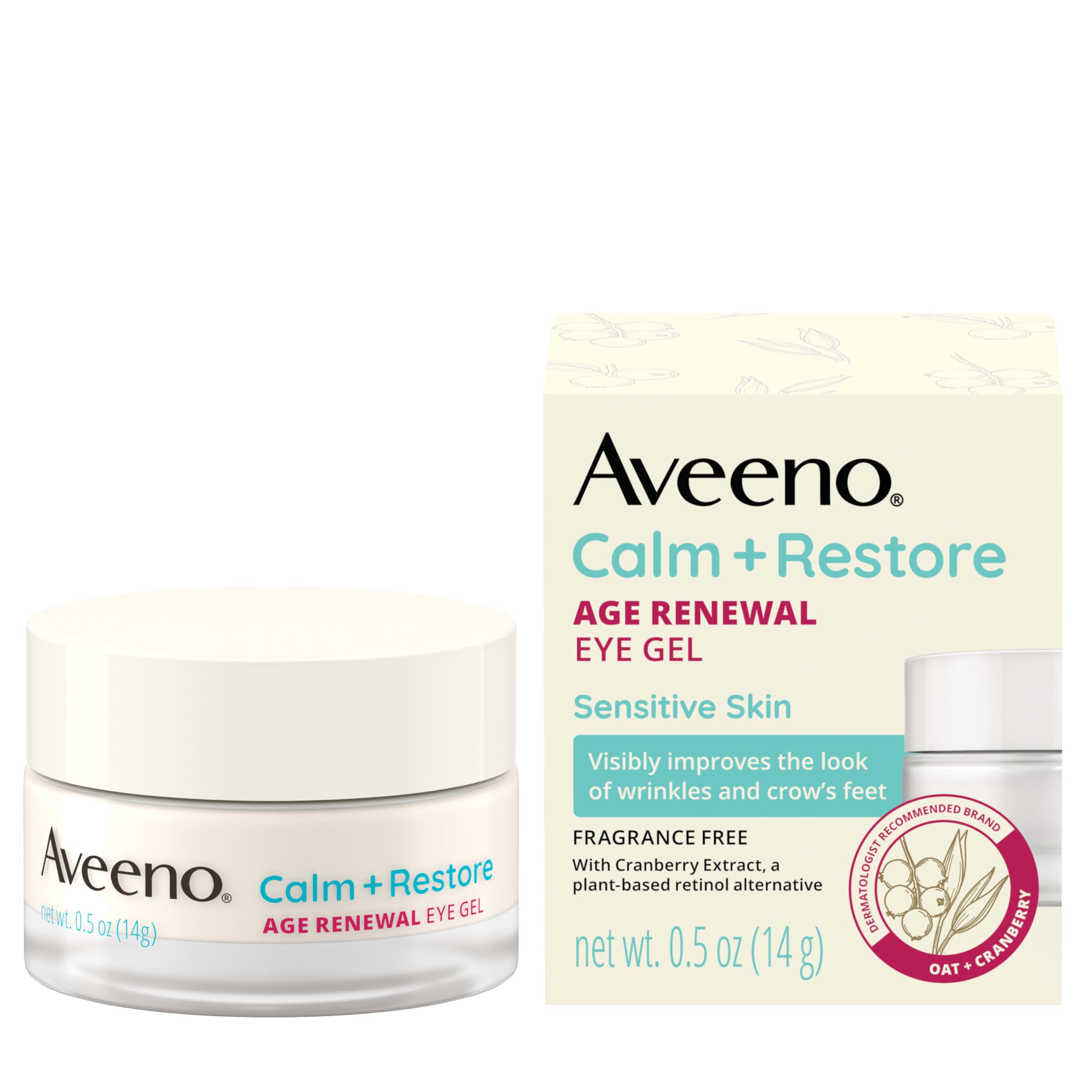 Aveeno Calm + Restore gel para ojos en tarro, suave para piel sensible.
