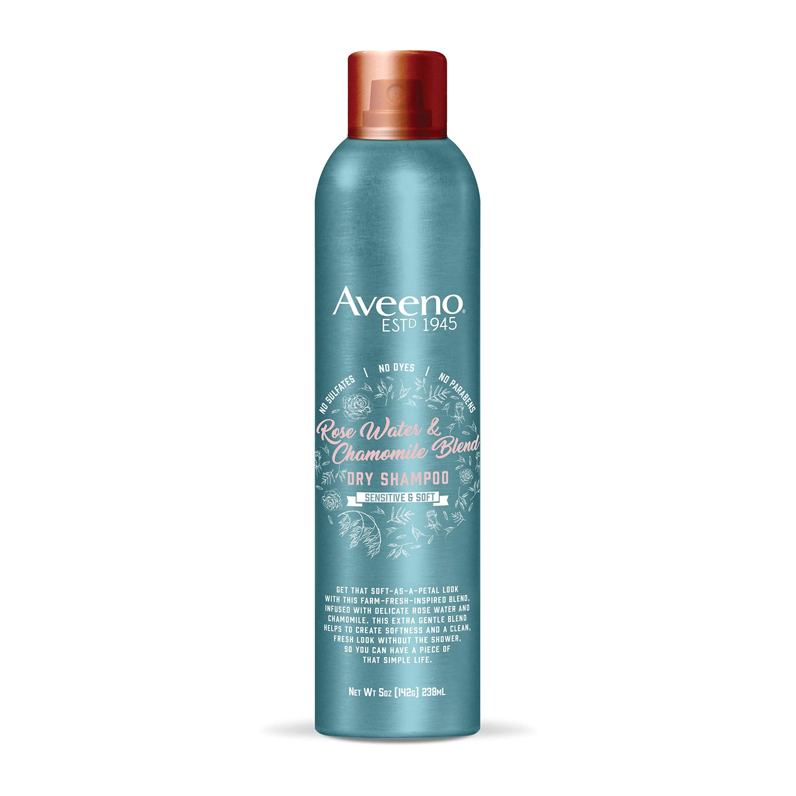 Aveeno Champú Seco Agua de Rosas y Manzanilla, refresca raíces suavemente y aporta volumen.