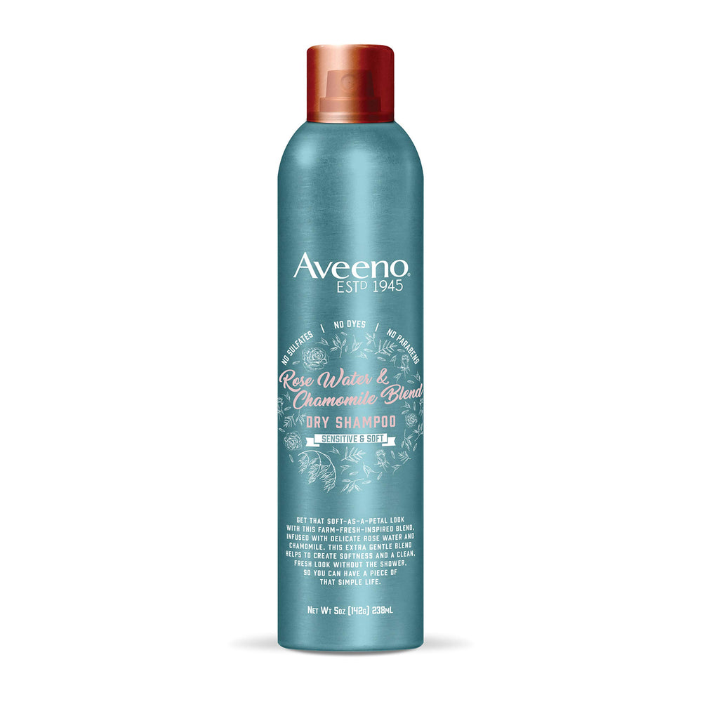 Aveeno Champú Seco Agua de Rosas y Manzanilla, refresca raíces suavemente y aporta volumen.