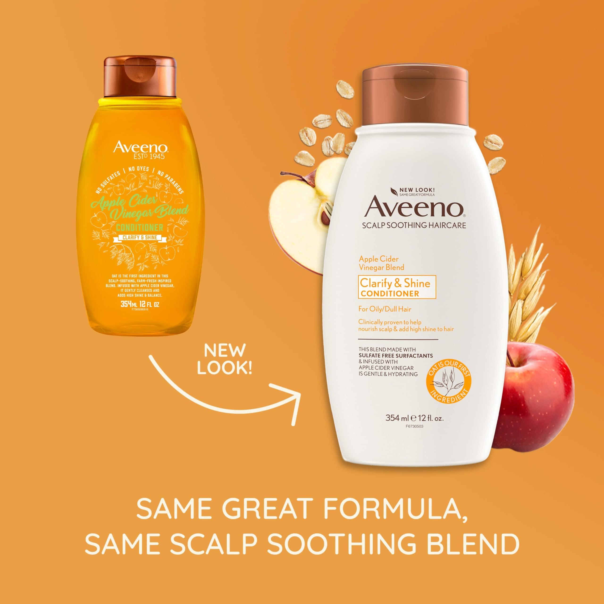 Aveeno Acondicionador Vinagre Manzana, primer plano de ingredientes naturales para cabello saludable.