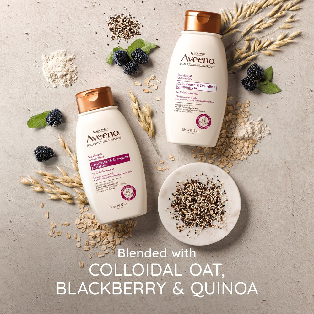 Aplicación suave con Aveeno Frambuesa Quinoa, ideal para cuero cabelludo sensible.