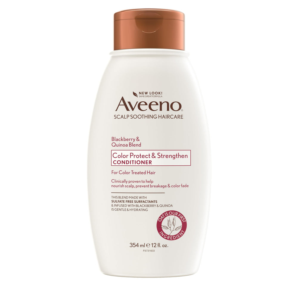 Aveeno Acondicionador Frambuesa Quinoa, botella, suaviza el cuero cabelludo y protege el color.