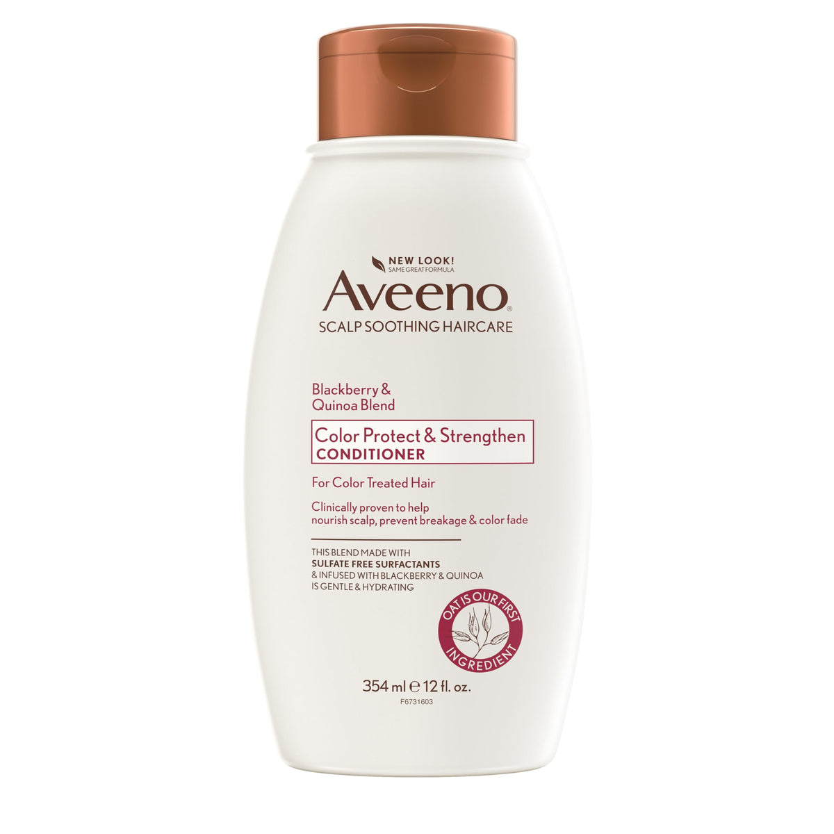 Aveeno Acondicionador Frambuesa Quinoa, botella, suaviza el cuero cabelludo y protege el color.