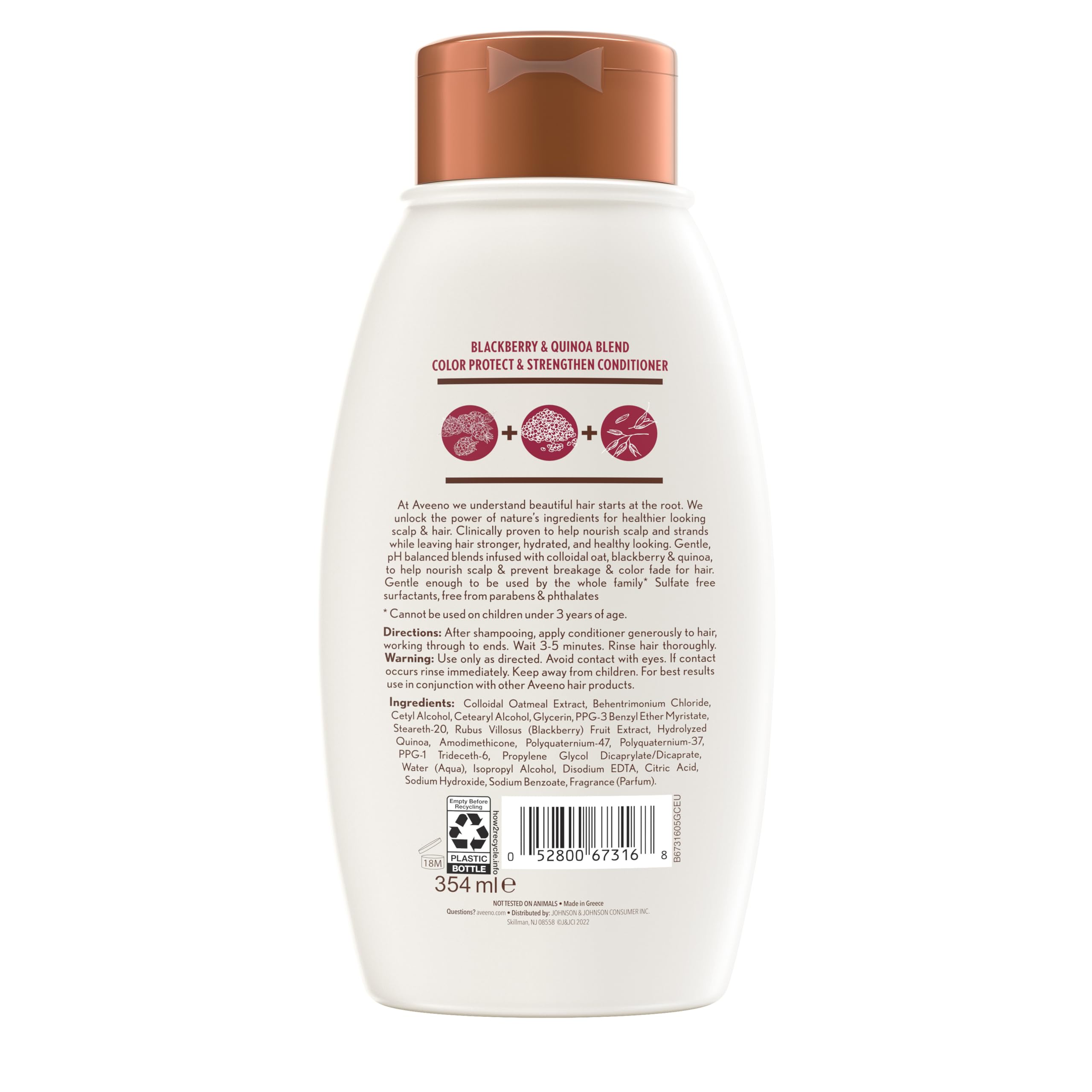 Cuidado diario del cabello con Aveeno Frambuesa Quinoa, envuelve mechones en nutrición suave.