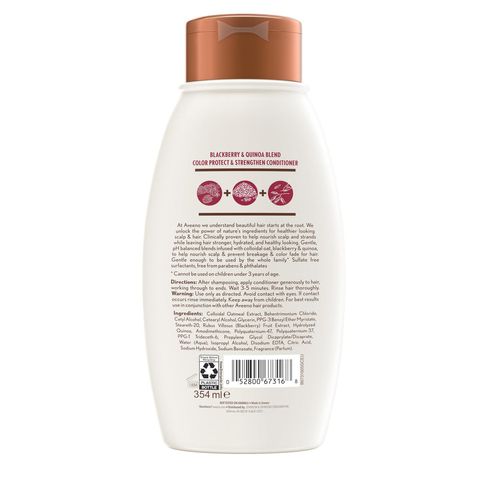 Cuidado diario del cabello con Aveeno Frambuesa Quinoa, envuelve mechones en nutrición suave.