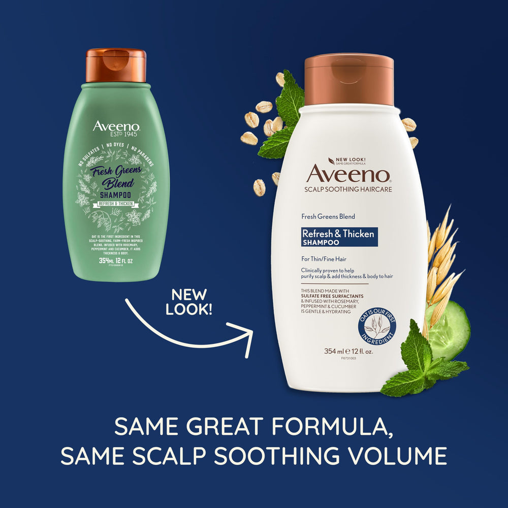 Aveeno Fresh Greens Blend Champú, detalle de frasco y textura cremosa para suavidad