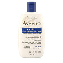 Aveeno loción concentrada antipicor avena, botella visible, uso diario suave.