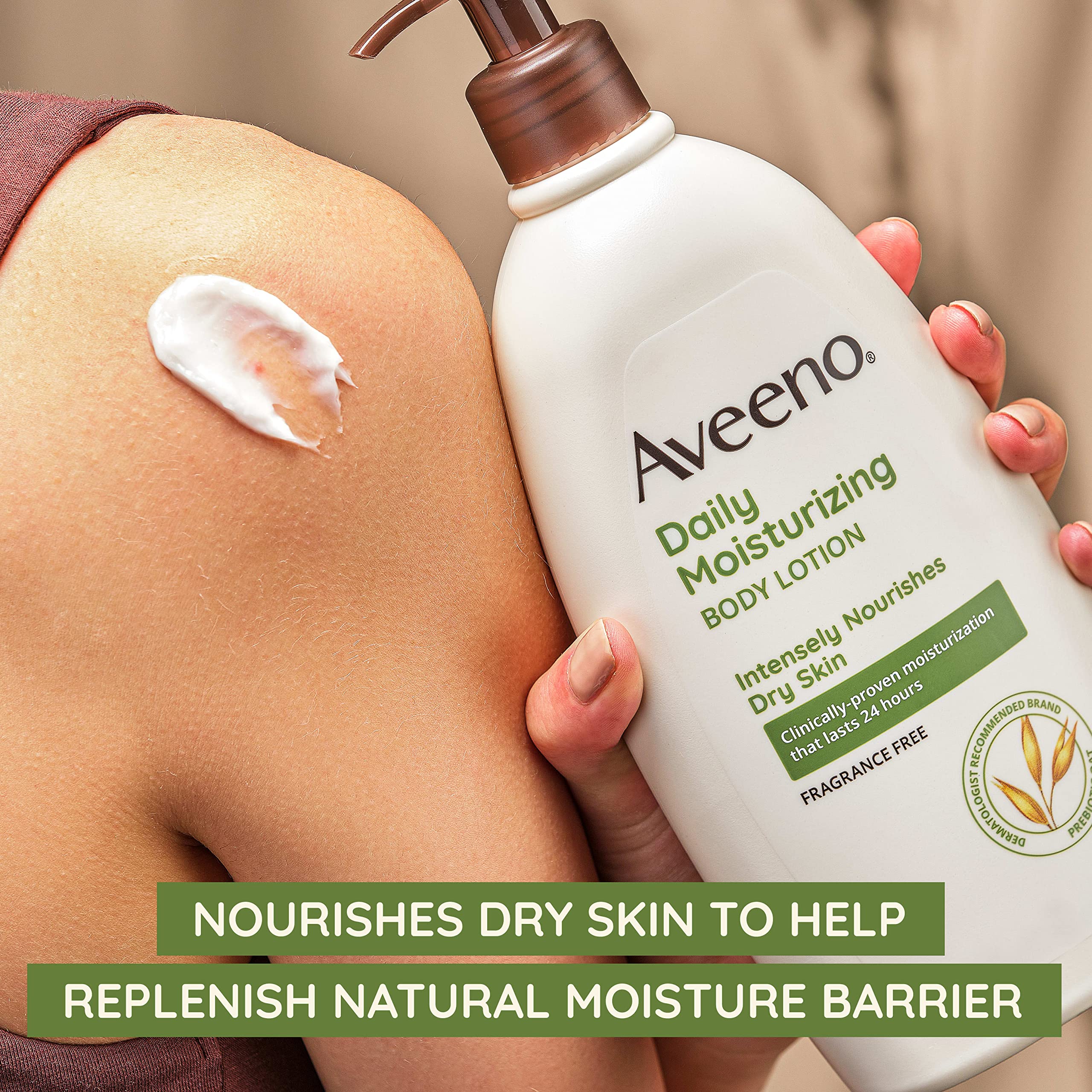 Aveeno con prebiótico de avena para piel seca, hidratación de 48 horas.