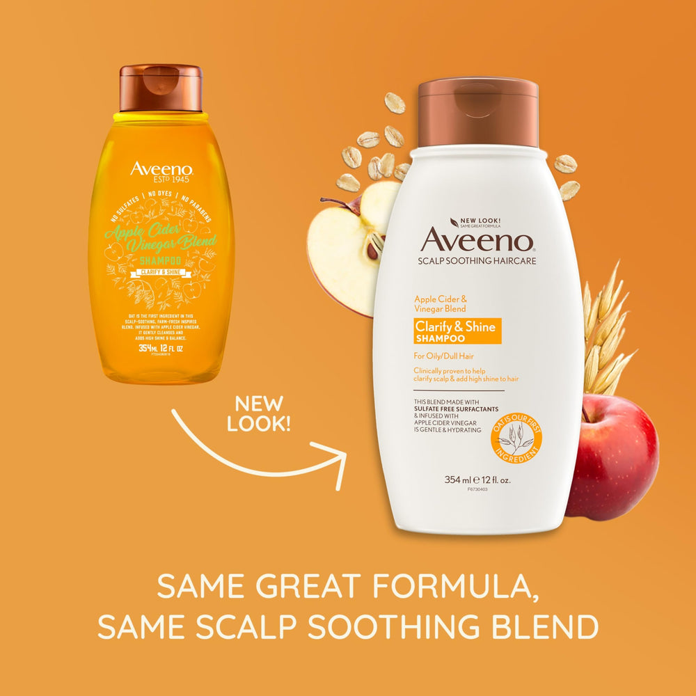 Aveeno shampoo con vinagre de sidra en botella aporta brillo natural al cabello.